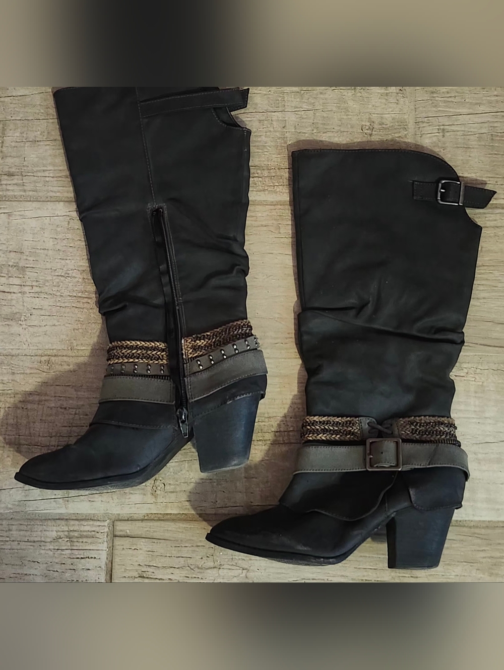 Women's Grey Mid-Calf Heeled Boots with Buckle and Braided Trim